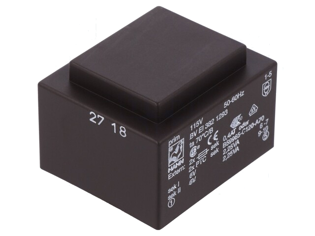 Transformator: ingegoten; 4,5VA; 115VAC; 6V; 6V; 375mA; 375mA; PCB Transformator: ingegoten; 4,5VA; 115VAC; 6V; 6V; 375mA; 375mA; PCB